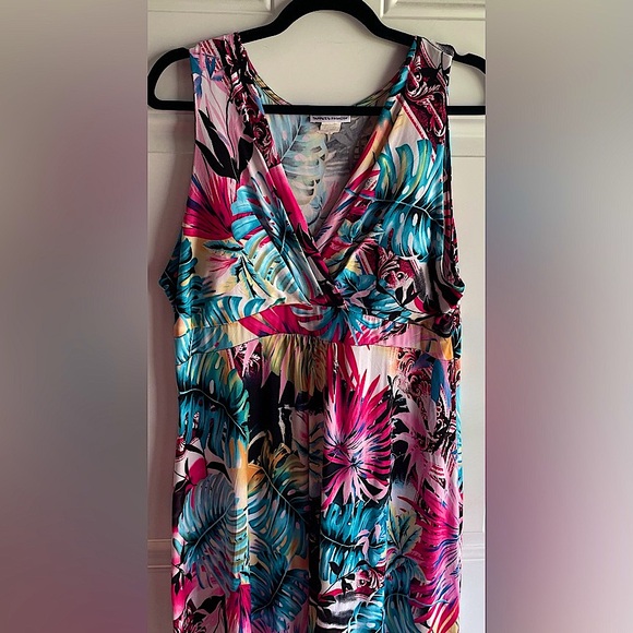 EUC Gorgeous Multicolor Sunset Tropical Palm Leaf Print Flattering MIDI Dress - Picture 5 of 12